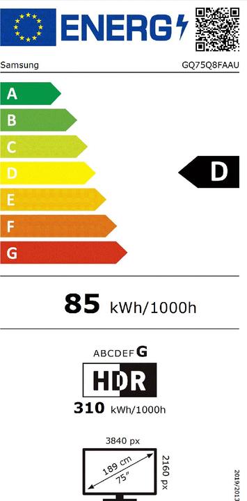 Energie-Label Samsung 75" QLED Q8F 4K Vision AI Smart TV 2025 (75", QLED, 4K, 2025)