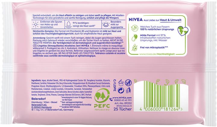 Valeurs nutritives et ingrédients NIVEA Micelles 3 en 1 (Chiffons de nettoyage, 25 ml)