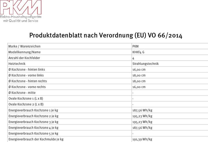 Nährwerte und Zutaten PKM KHKF4 G Kochfeld autark Einbau 60cm Glaskeramik schwarz TIMER Touch
