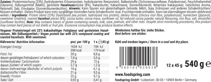Valori nutrizionali e ingredienti Foodspring Vegan Protein Bar Extra a strati (Croccante alla nocciola, 12 pz., 540 g)