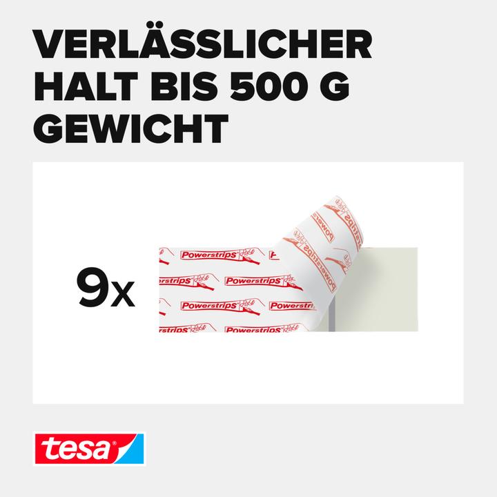Produktbild tesa Powerstrips für Tapete & Putz, 0,5kg Halteleistung, 9x doppelseitige Klebestreifen