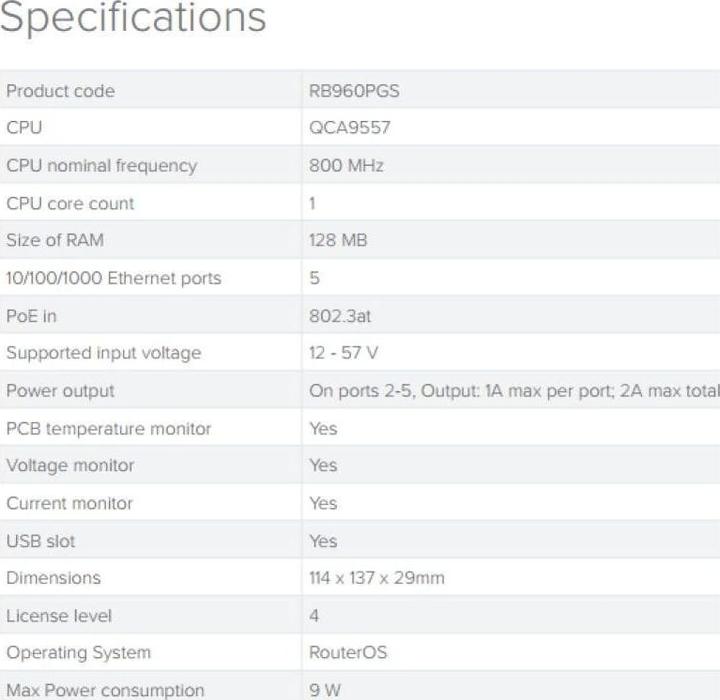 Valeurs nutritives et ingrédients MikroTik RB960PGS : Routeur 5 ports PoE+.