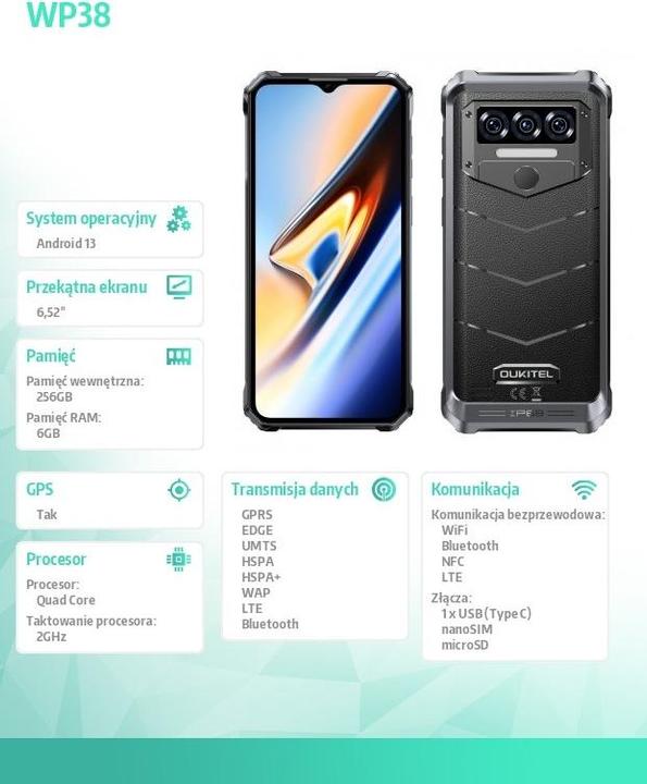 Image du produit Oukitel WP38 (6.52" - NFC - 10 600 mAh - 256 Go, 6 Go RAM) Noir (256 Go, Noir, 6.52", Double SIM)