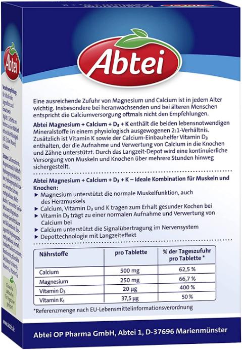 Valeurs nutritives et ingrédients Abtei Magnésium+Calcium+D3+K cpr (42 pièce(s), Cachets)