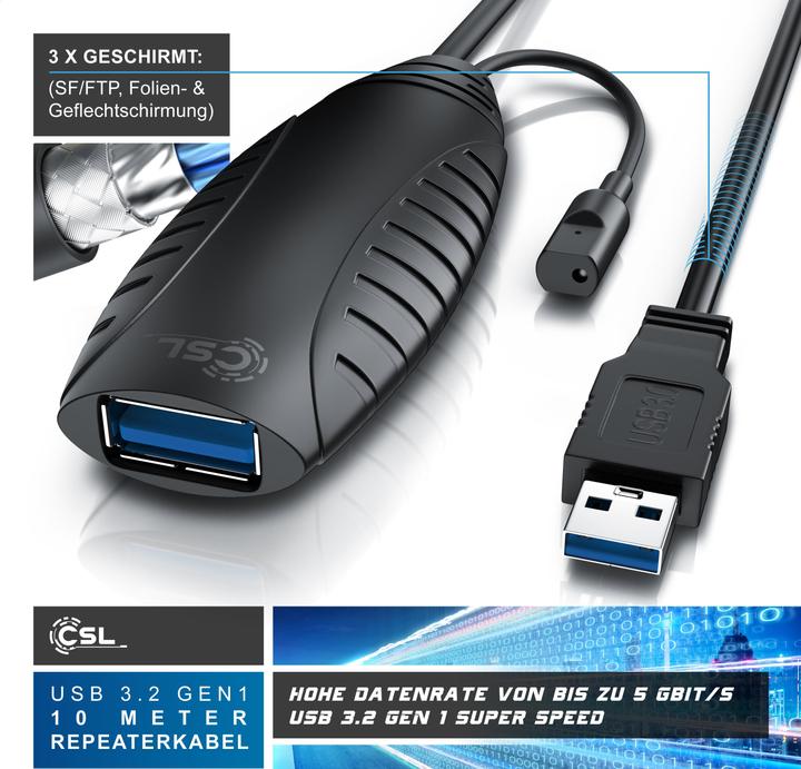 Produktbild CSL USB 3.2 Gen 1 Repeaterkabel, Verlängerungskabel aktiv, Repeater Verlängerung, Verstärker Kabel (10 m, USB 3.2 Gen 1)
