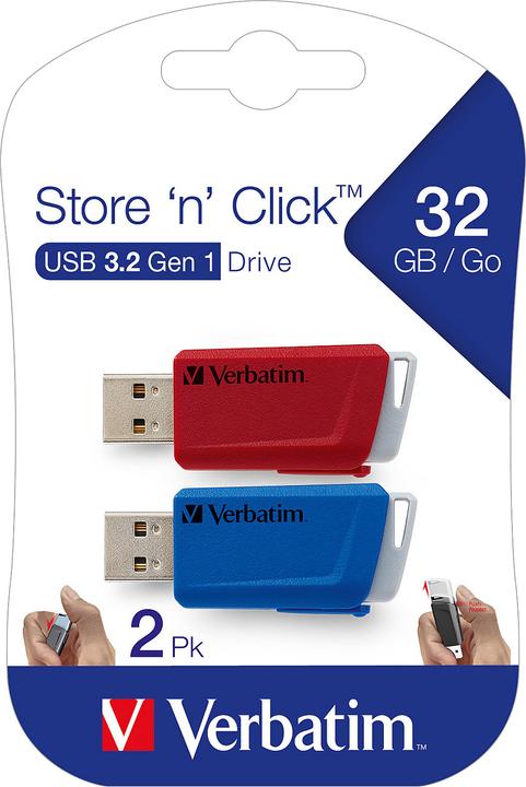 Produktbild Verbatim USB-Stick 2x 32GB 3.2 Store'n Click Gen1 rot/blau extern retail (32 GB, USB-A, USB 3.1)