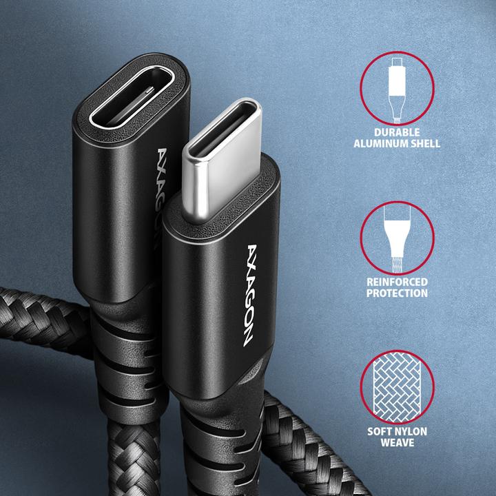Actual product image Axagon BUCM32-CF15AB Kabelis Extension Cable Gen2 USB-C - USB-C 1.5 m, 5 A, 20 Gbit (1.50 m, USB 3.2 Gen 2x2)
