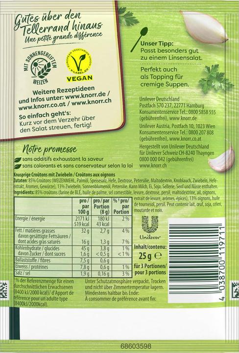 Valori nutrizionali e ingredienti Knorr Crostini per insalata con cipolle Sacchetto, pezzi di pane croccante Crostini, ideali per l'insalata (25 g)
