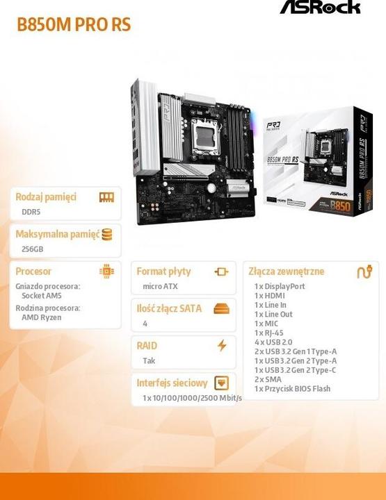 Actual product image AsRock B850M Pro RS (AM5, AMD B850, mATX)