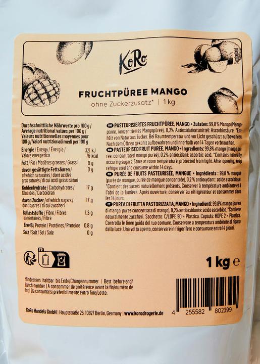 Nutritional values and ingredients KoRo Mango puree (1000 g)