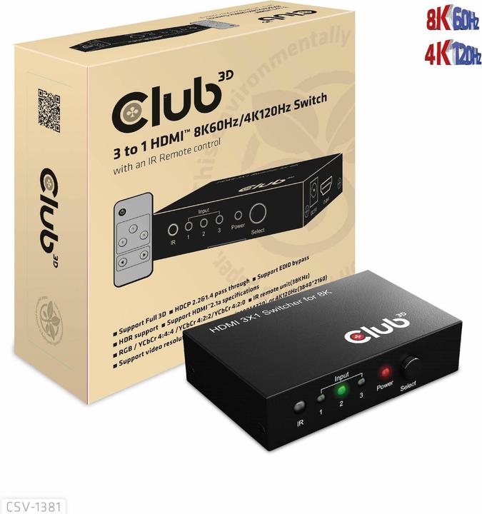 Actual product image Club 3D Club3D HDMI Switchbox 3 inputs -> 1 output 8K60Hz UHD retail