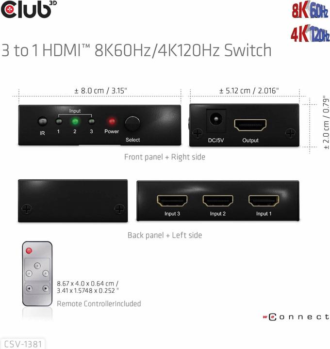 Actual product image Club 3D Club3D HDMI Switchbox 3 inputs -> 1 output 8K60Hz UHD retail