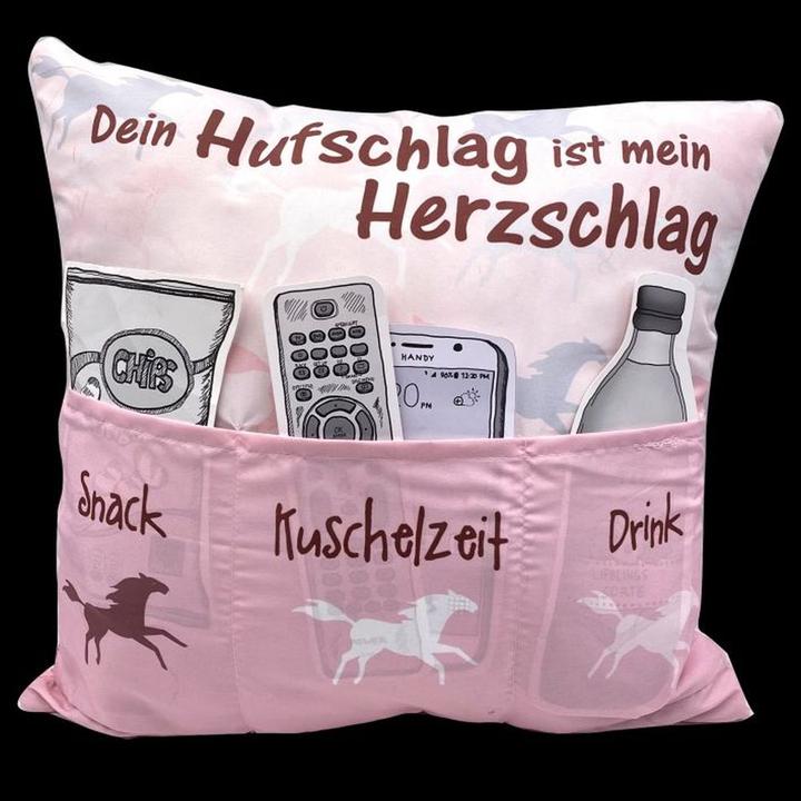 Hergo Kissen Sofahelden aus Stoff Dein Hufschlag ist mein Herzschlag 43x43 cm mit Taschen (Geschenktüte)