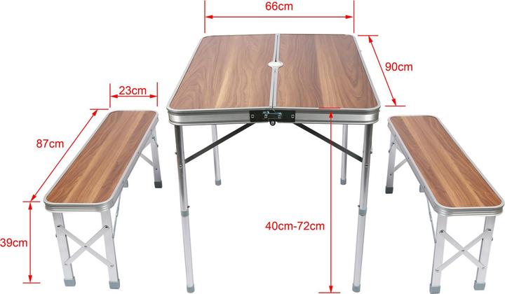 Produktbild Wiltec Koffertisch mit 2 Bänken Holzdesign Aluminium Campingtisch Klapptisch