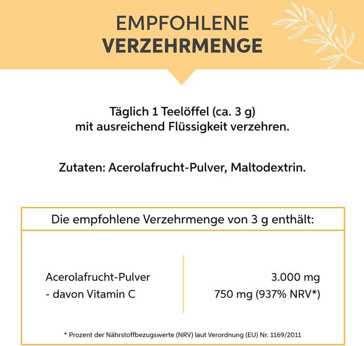 Valeurs nutritives et ingrédients Eltabia Poudre d'acérola hautement dosée avec 25% de vitamine C (Poudre, 200 g)