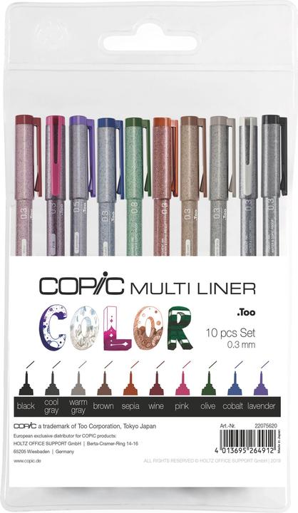 Produktbild Copic Multiliner Color Set, 0,3mm, 10 Stück (Olive, Lavender, Sepia, Schwarz, Warm Gray, Cool Gray, Pink, Brown, Wine, Cobalt, 10 x)