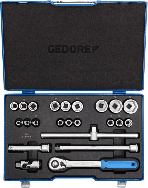 Produktbild Gedore 19 EMU-20 Steckschlüssel-Satz 1/2", 23-teilig, 6-kant, 8-32 mm (32 mm, 20 mm, 19 mm, 27 mm, 21 mm, 14 mm, 29 mm, 18 mm, 11 mm, 12 mm, 23 mm, 26 mm, 22 mm, 15 mm, 25 mm, 13 mm, 16 mm, 24 mm, 31 mm, 8 mm, 10  mm, 30 mm, 17 mm, 28 mm, 9 mm)