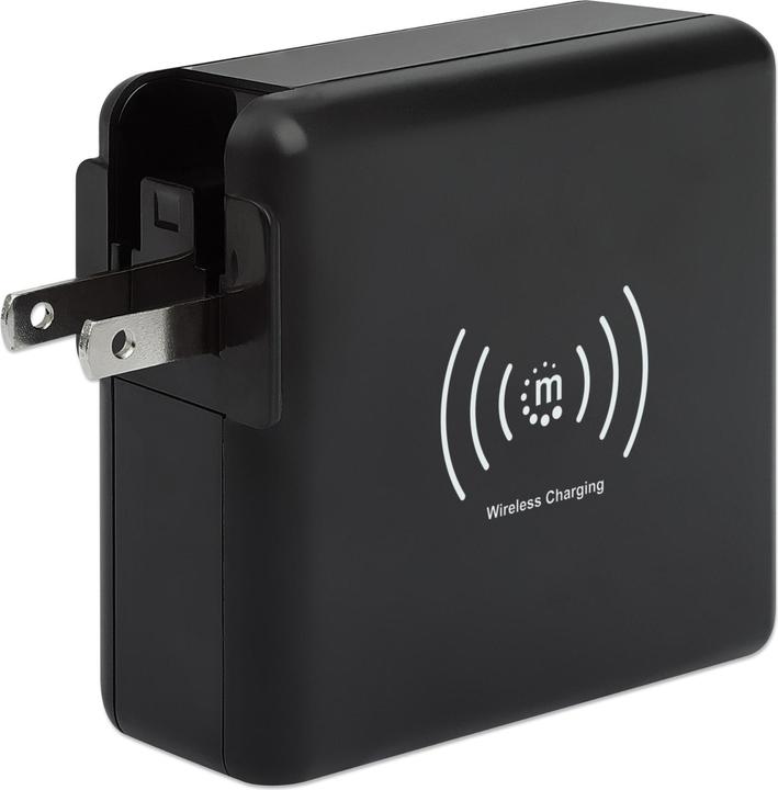 Produktbild Manhattan 4-in-1 Reiseladegerät und Powerbank 8.000 mAh Ein kabelloses 5 W-Induktionsladepad, zwei 12 W USB-A- (8000 mAh, 5 W, 29.60 Wh)
