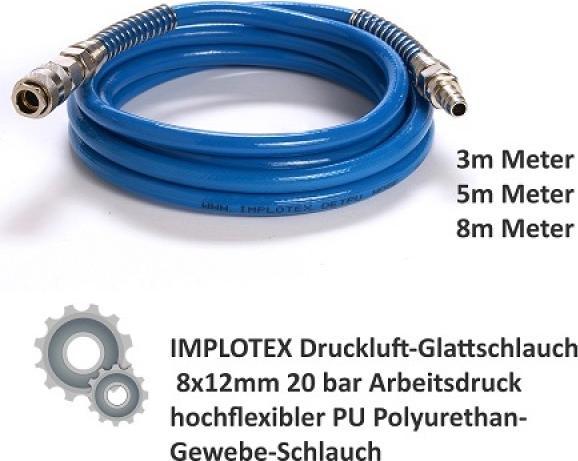 Produktbild Implotex - Druckluft-Glattschlauch 8x12mm 20 bar - 3m Arbeitsdruck hochflexibler PU Polyurethan-Gewe