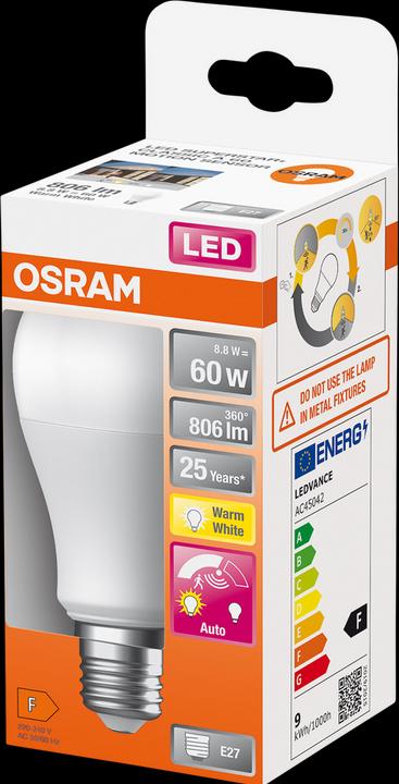Produktbild Osram 4099854040092 LED EEK F (A - G) E27 8.8 W = 60 W Warmweiss (Ø x H) 60 mm x (E27, 8.80 W, 806 lm, 1 x, F)