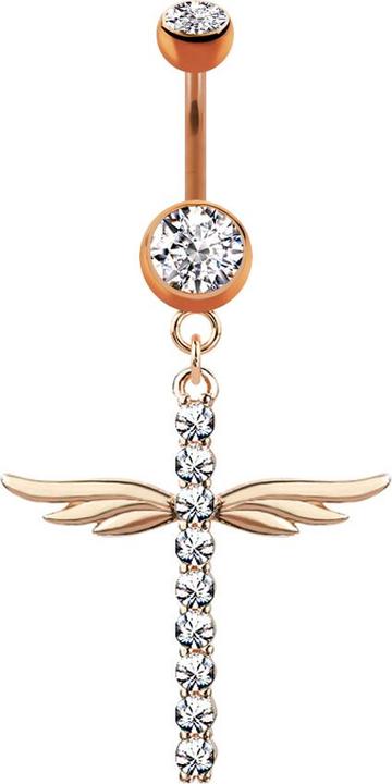 Produktbild Star Piercing Banane rosegold mit Anhänger Kreuz mit Flügel und Kristallen (Messing, Chirurgenstahl 316L)