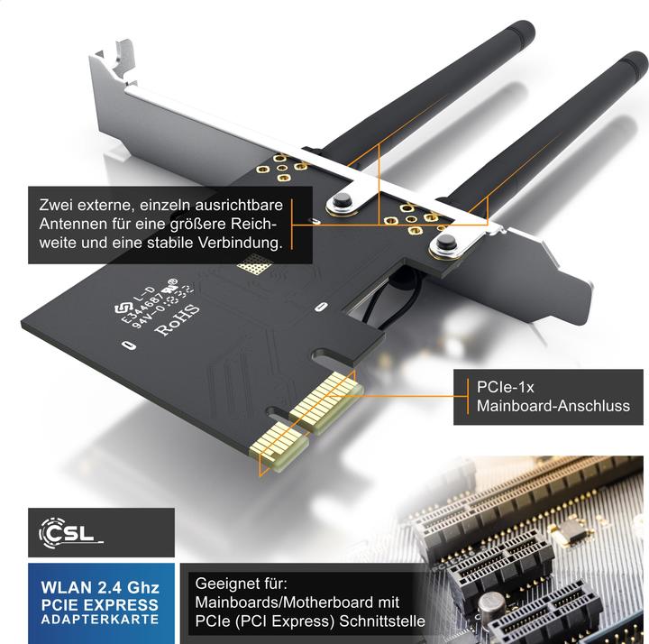 Immagine prodotto CSL Scheda di rete WLAN 2,4 Ghz PCIe, scheda adattatore WiFi 300 Mbit/s con 2x antenne esterne (Mini PCI Express)