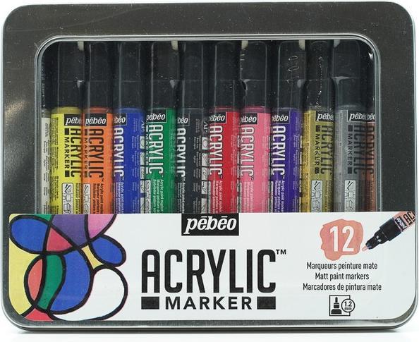Produktbild Pebeo Metal Box Acrylic Marker - 12 Marker 1,2 Mm (Orange, Rosa, Violett, Weiss, Gelb, Cyan, Grün, Schwarz, Rot, 1.20 mm, 12 x)