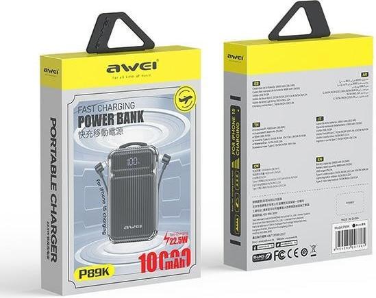 Actual product image Awei PowerBank P89K 10000mAh 38,5W czarny/black + kable PD/Lightning (10000 mAh, 38.50 W)
