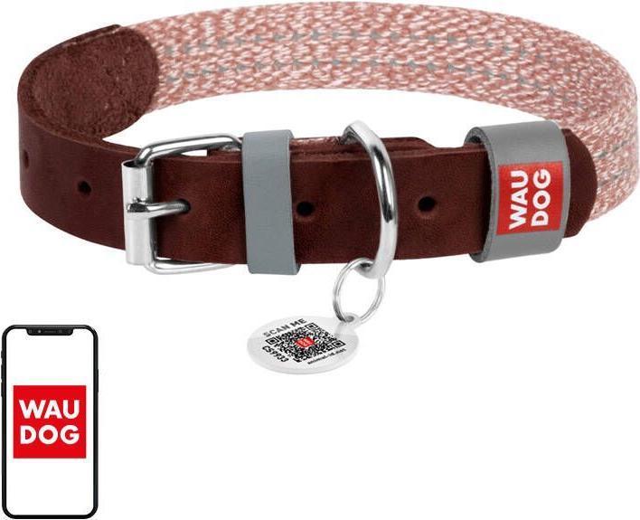Actual product image Waudog Dog collar made of natural leather and recycled material with QR code size L, width 25 mm, br (L, Dog, General)