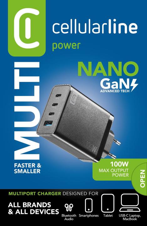Actual product image Cellularline Multipower Nano 100W travel charger 4 port GaN (100 W)