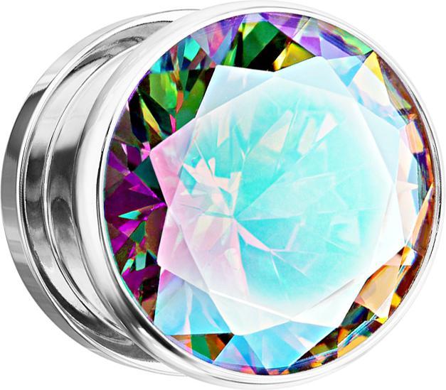 Produktbild Star Piercing Flesh Plug silber mit grossem Kristall multicolor (ohne Messing, Chirurgenstahl 316L)