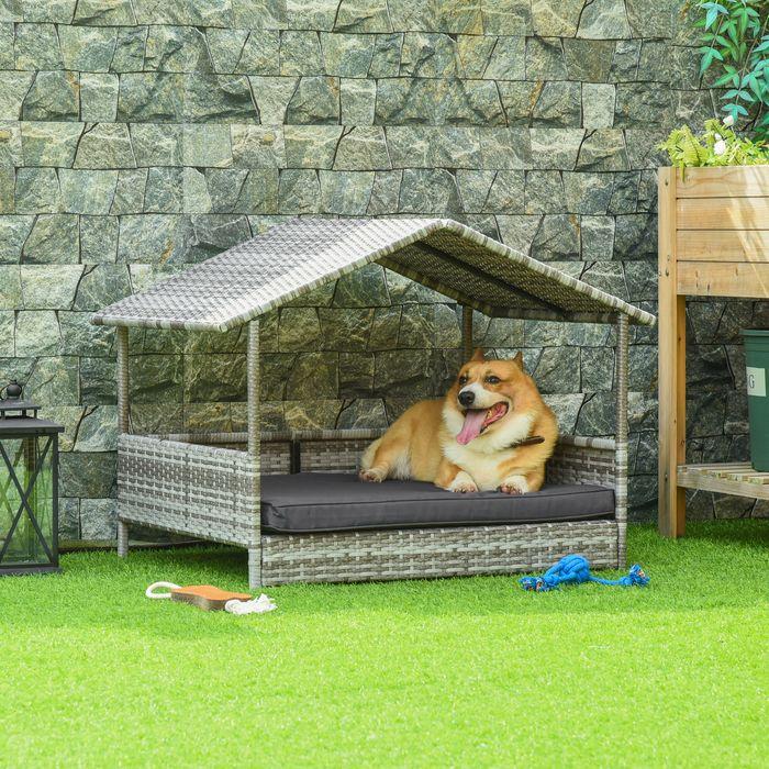 Produktbild Swisshandel24 Rattan Hundehaus mit Kissen, Hundebett im Hausform, Outdoor Hundehütte für kleine, mittlere Hunde, S (Hundehütte)