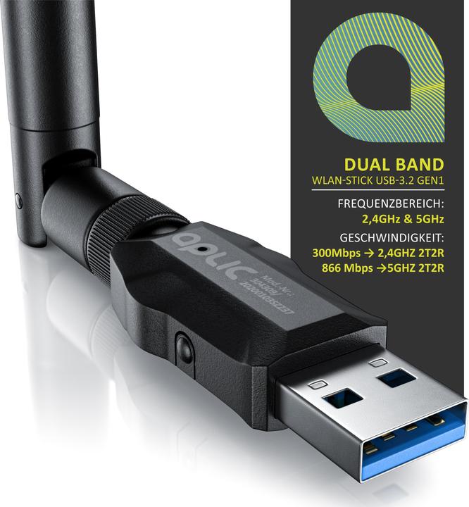 Actual product image Aplic WLAN stick, WIFI adapter 1200MBit/s, 2.4Ghz + 5Ghz dual band, 5 dBi external antenna, USB 3.2 dongle (USB-C 3.2 Gen 1)