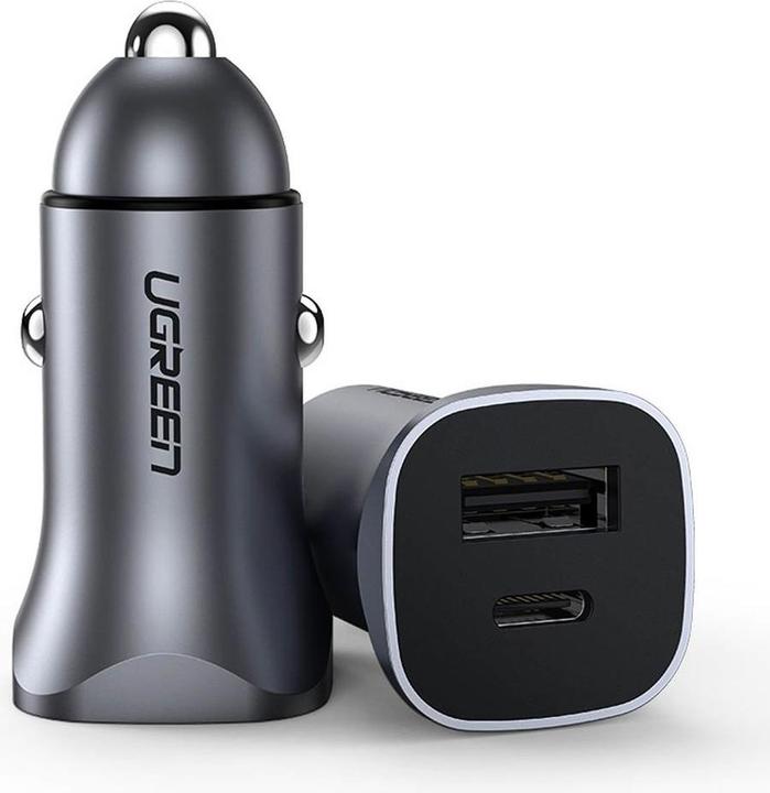 Actual product image Ugreen CD130 Car Charger, USB-A+PD 3.0, USB-C, QC3.0 30W (Grey)