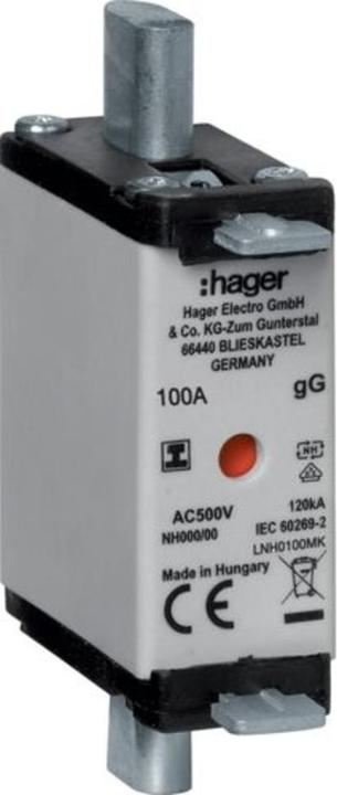 Produktbild Hager NH-Sicherungseinsatz NH000 gG, 500 V, isolierte Grifflasche, 100 A (100 A)