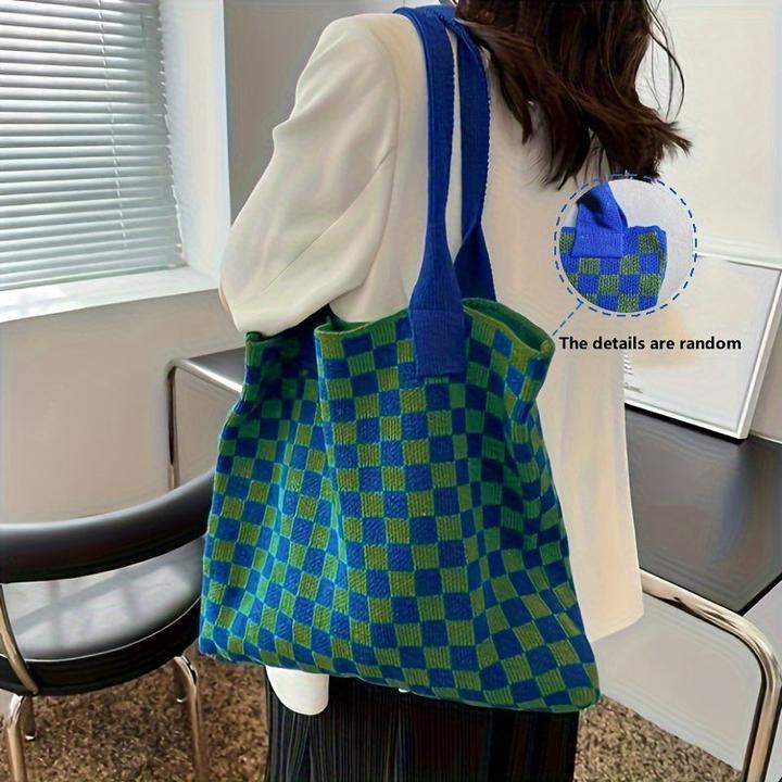 Produktbild Only-Bags.Store Kariert gestrickt Umhängetasche, Trendy Plaid Pattern Tote Bag, grosse Kapazität Handtasche für