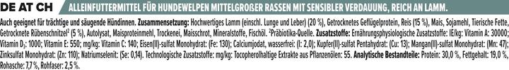 Nährwerte und Zutaten Pro Plan Dog Medium Puppy OPTI DIGEST Lamm (Junior, 1 Stk., 12000 g)