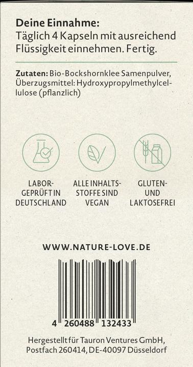 Valori nutrizionali e ingredienti Nature Love Fieno greco biologico (120 Pezzo/i, Pillole, 92 g)