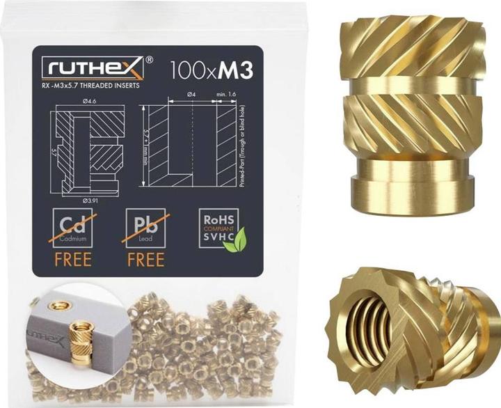 Ruthex M3 Gewindeeinsatz - 100 Stück RX-M3x5.7 BLEIFREIE Gewindebuchsen aus Messing (Zubehör)