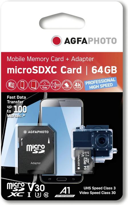 Actual product image AGFAPHOTO MicroSDXC UHS I 64GB Prof. High Speed U3 V30 A1 (64 GB, microSDXC, U3, UHS-I)