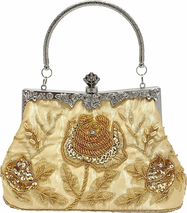 Only-Bags.Store Perlen Blumenstickerei Abendtasche, Vintage Satin Hochzeit Handtaschen, Pailletten Clutch Clip