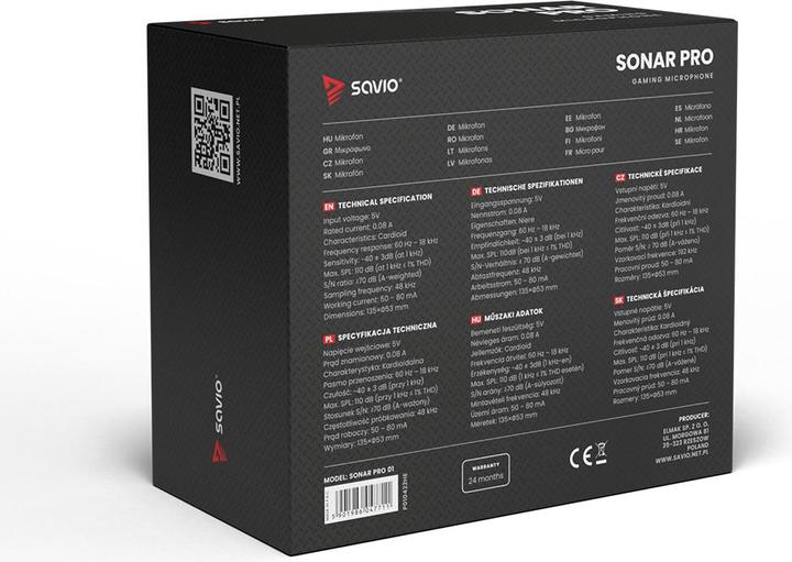 Produktbild Savio Gaming-Mikrofon auf einem Stativ, beleuchtet von 01 Sonar, In-Ear, Anti-Flow-Tasche