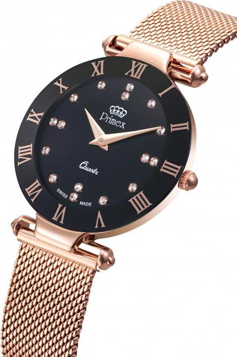 Image du produit Primex Montre Dame Swiss Made Bracelet Metal Rose Cadran Noir Etanche 30 M Petite (Montre analogique, 33 mm)
