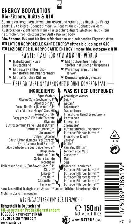 Actual product image Sante Energy Body Lotion Organic Lemon & Quince & Q10 (Body cream, 150 ml)
