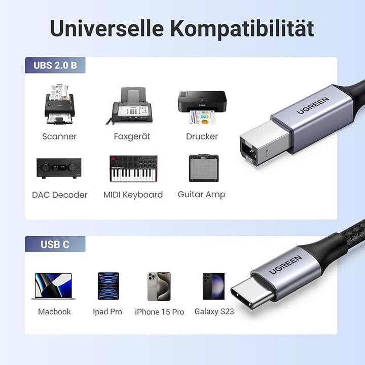 Produktbild Ugreen USB-C to USB-B 2.0 Printer Cable, 3m (3 m, USB 2.0)