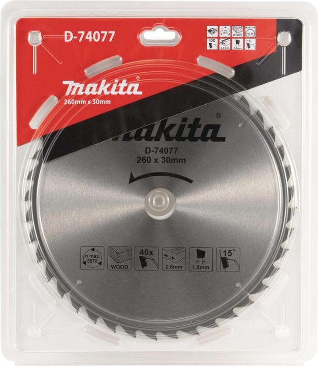 Immagine prodotto Makita D-74077 Sega in metallo duro 260 x 2,6 x 30 mm 15° T40 legno standard