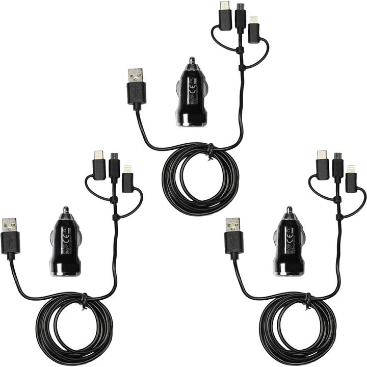Actual product image Benson Set of 3 3in1 car charger with USB-C, Micro-USB & Lightning ports, black