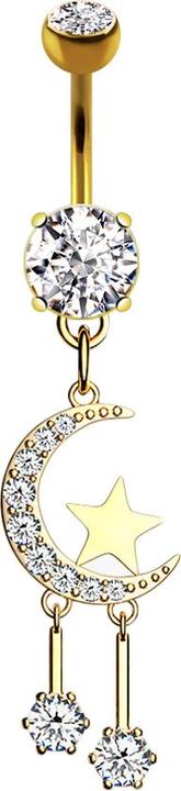 Produktbild Star Piercing Banane 14k vergoldet mit zwei Kugeln Kristall silber Anhänger Mond und Sterne (Chirurgenstahl 316L, Messing)