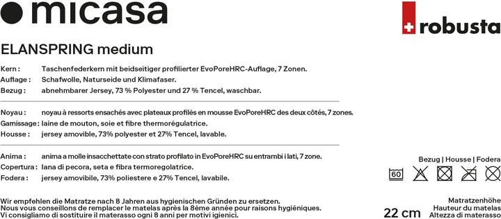 Nutritional values and ingredients Robusta Swiss Bedding Elanspring (160 x 200 cm, Spring core)