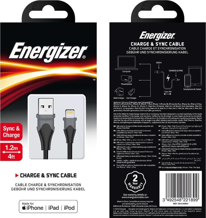 Actual product image Energizer Classic cable lightning bicolour 1.2m black (1.20 m, USB 3.2 Gen 1)